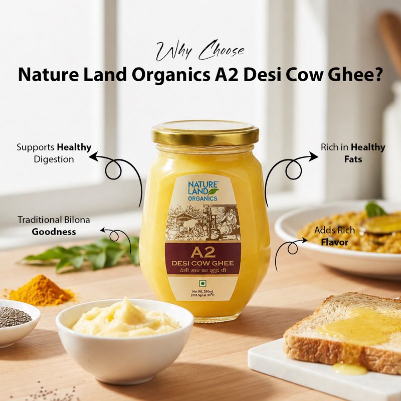 Natureland Organics A2 Cow Ghee 350ml | Premium Organic A2 Bilona Ghee | Rich Aroma & Natural Goodness | Ideal for Cooking, Tadka & Everyday Meals