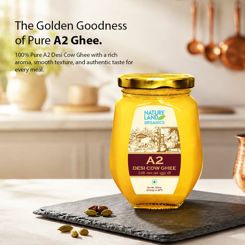 Natureland Organics A2 Cow Ghee 350ml | Premium Organic A2 Bilona Ghee | Rich Aroma & Natural Goodness | Ideal for Cooking, Tadka & Everyday Meals