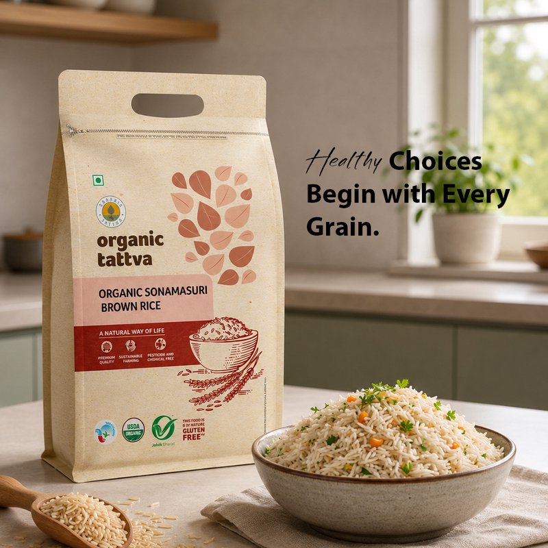 Organic Tattva Sonamasuri Brown Rice | Superior Quality Brown Rice | Whole Grain Rice | Fiber Content Brown Rice for Everyday Meals