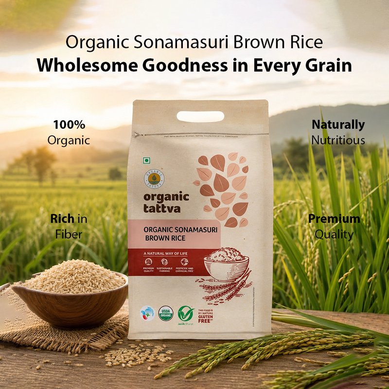 Organic Tattva Sonamasuri Brown Rice | Superior Quality Brown Rice | Whole Grain Rice | Fiber Content Brown Rice for Everyday Meals