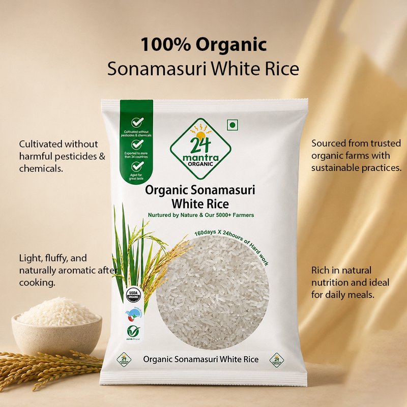 24 Mantra Organic Sonamasuri White Rice | Premium Organic White Rice | Naturally Aromatic & Lightweight | Ideal for Daily Meals, Biryani & South Indian Recipes | No Artificial Additives