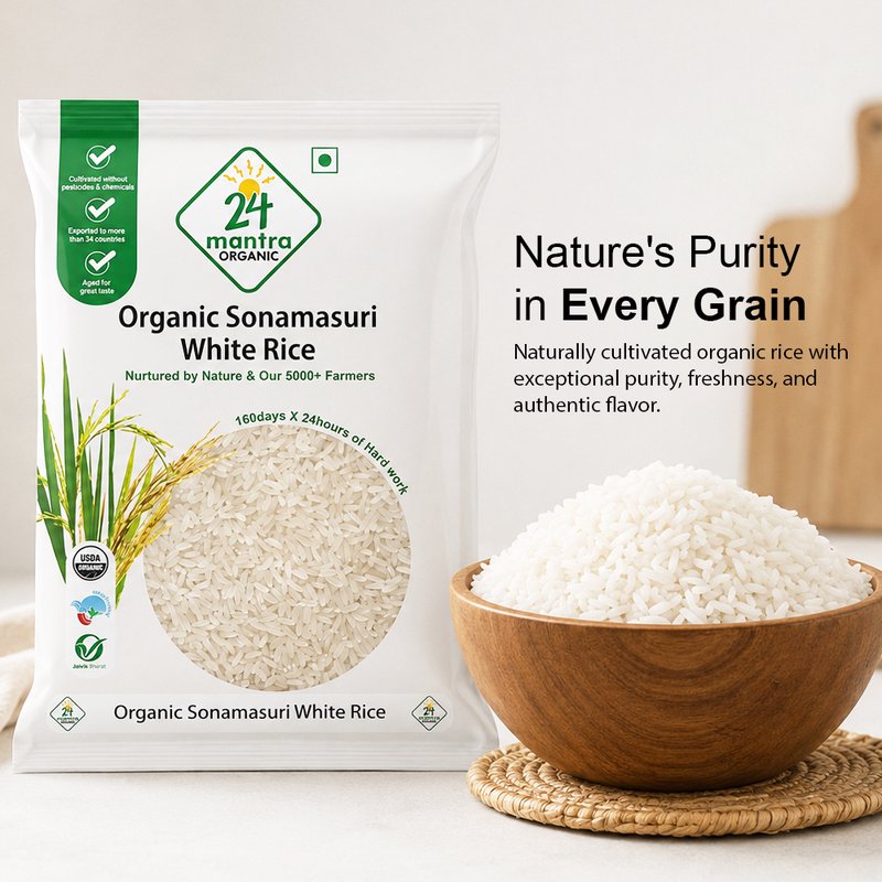 24 Mantra Organic Sonamasuri White Rice | Premium Organic White Rice | Naturally Aromatic & Lightweight | Ideal for Daily Meals, Biryani & South Indian Recipes | No Artificial Additives