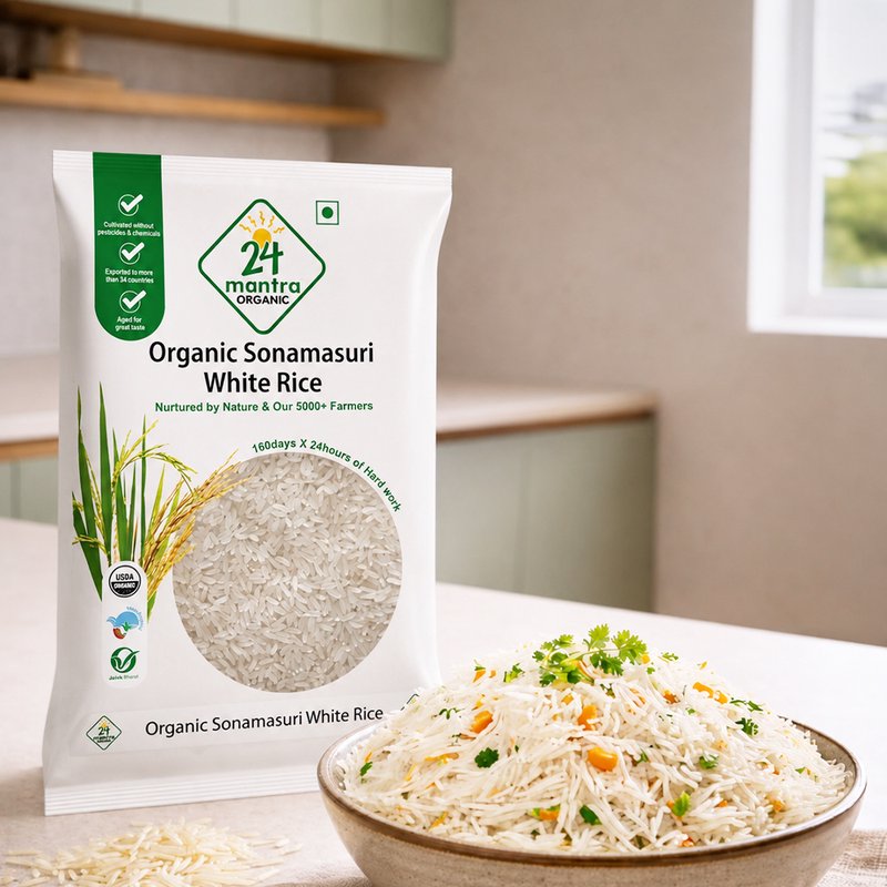 24 Mantra Organic Sonamasuri White Rice | Premium Organic White Rice | Naturally Aromatic & Lightweight | Ideal for Daily Meals, Biryani & South Indian Recipes | No Artificial Additives