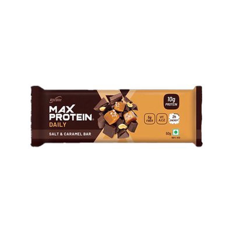 RiteBite Max Protein Daily Salt & Caramel Bar | 10g Protein and Fibre | Blend of Whey, Soy and Peanut Protein | No Added Preservatives and Artificial Sweeteners | On-the-Go Convenience Nutritional Snack