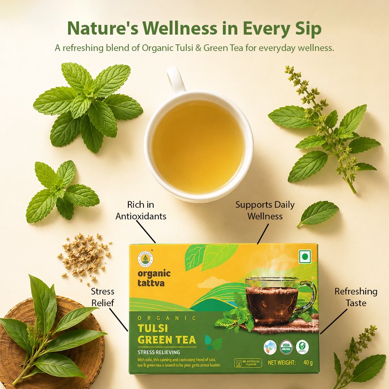 Organic Tattva Tulsi Green Tea | 20 Tea Bags | Green Tea with Tulsi | Antioxidant-Rich Wellness Tea