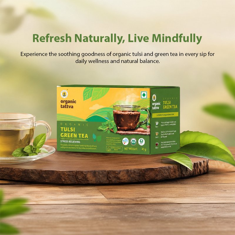 Organic Tattva Tulsi Green Tea | 20 Tea Bags | Green Tea with Tulsi | Antioxidant-Rich Wellness Tea