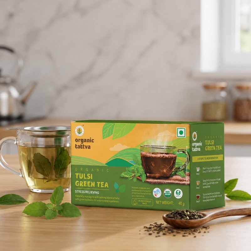 Organic Tattva Tulsi Green Tea | 20 Tea Bags | Green Tea with Tulsi | Antioxidant-Rich Wellness Tea
