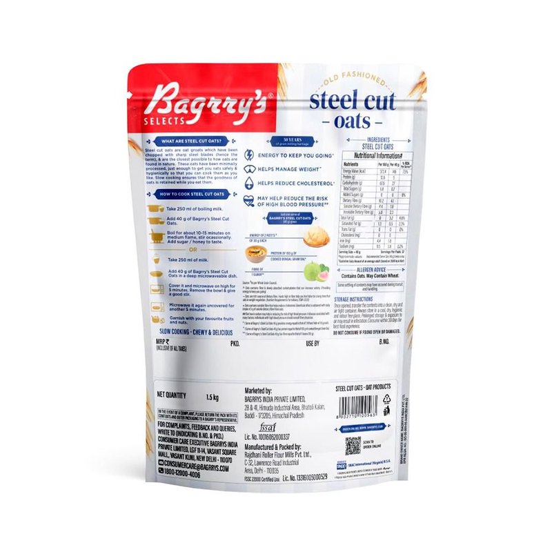 Bagrry's Steel Cut Oats 1.5 KG | Premium Wholegrain Oats Breakfast Cereal | High Fiber & Nutritious Daily Breakfast | Perfect for Porridge, Overnight Oats & Healthy Recipes thumbnail 2