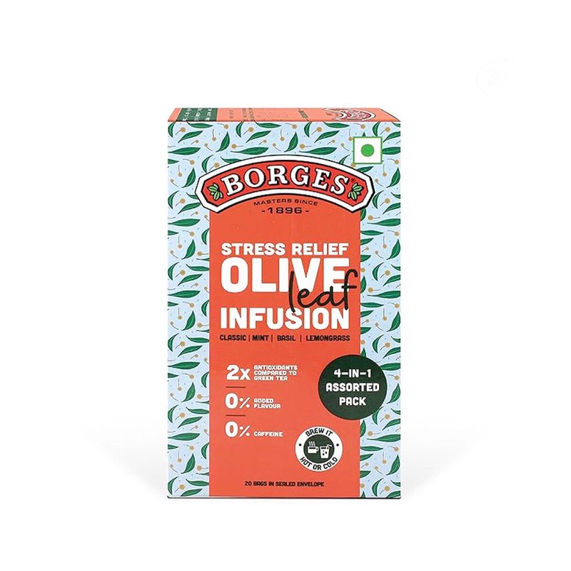 Borges Olive Leaf Infusion Assorted Tea Bags | Herbal Infusion Variety Pack | Caffeine-Free Herbal Tea | Premium Assorted Flavours | 20 Tea Bags
