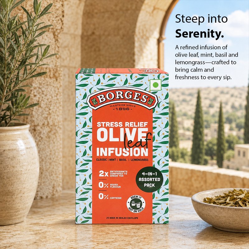 Borges Olive Leaf Infusion Assorted Tea Bags | Herbal Infusion Variety Pack | Caffeine-Free Herbal Tea | Premium Assorted Flavours | 20 Tea Bags
