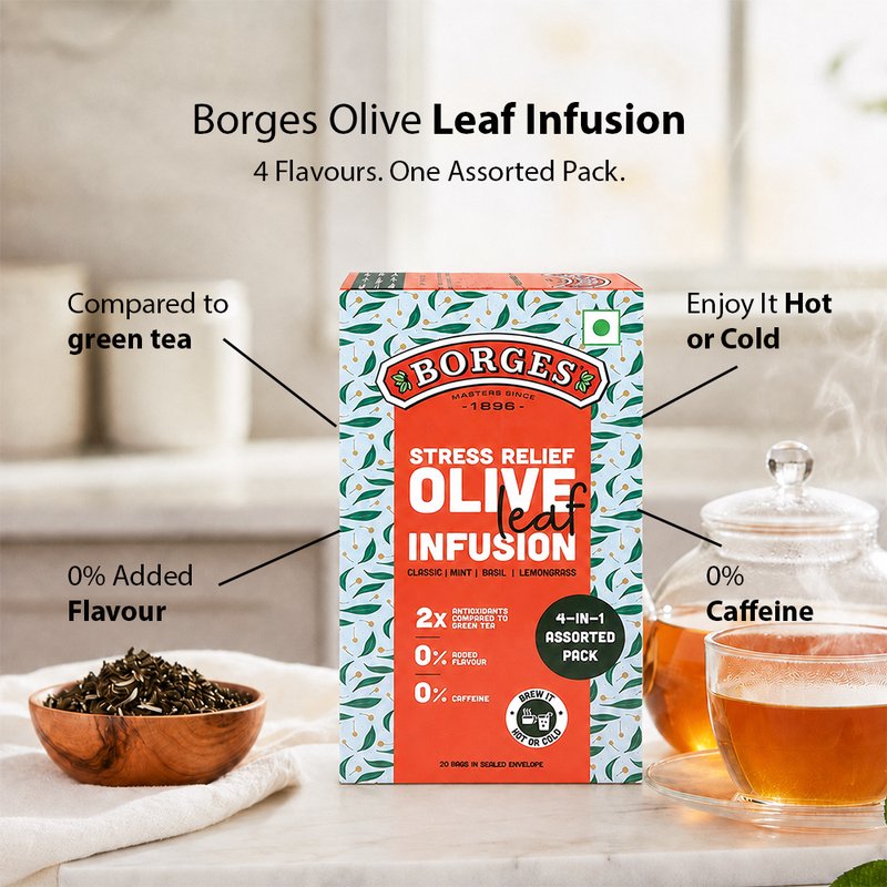 Borges Olive Leaf Infusion Assorted Tea Bags | Herbal Infusion Variety Pack | Caffeine-Free Herbal Tea | Premium Assorted Flavours | 20 Tea Bags