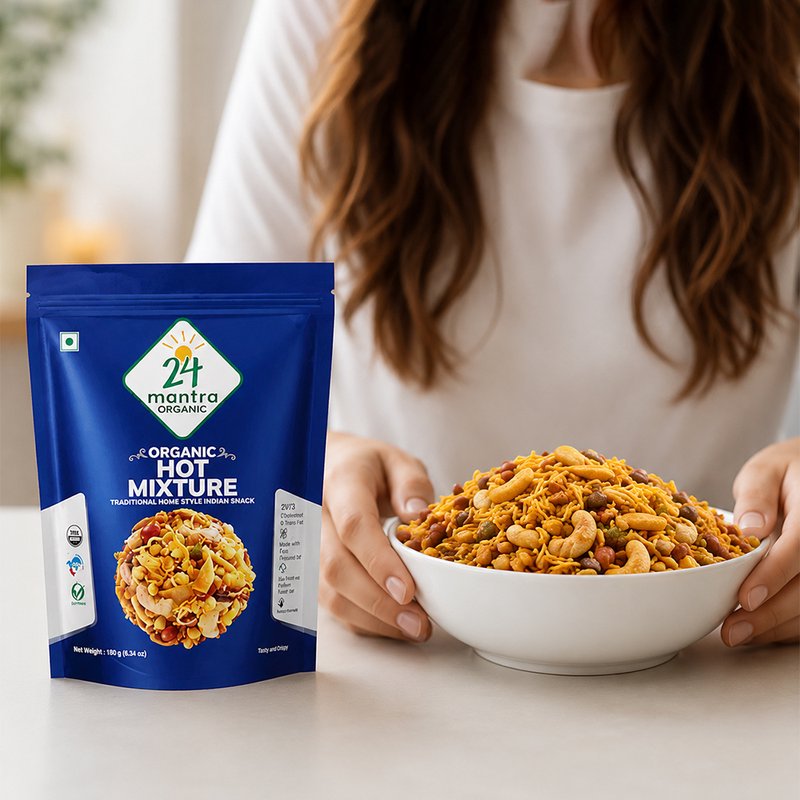 24 Mantra Organic Hot Mixture | Spicy Indian Namkeen | Crunchy Snack Mix | Ready-to-Eat Tea Time Snack