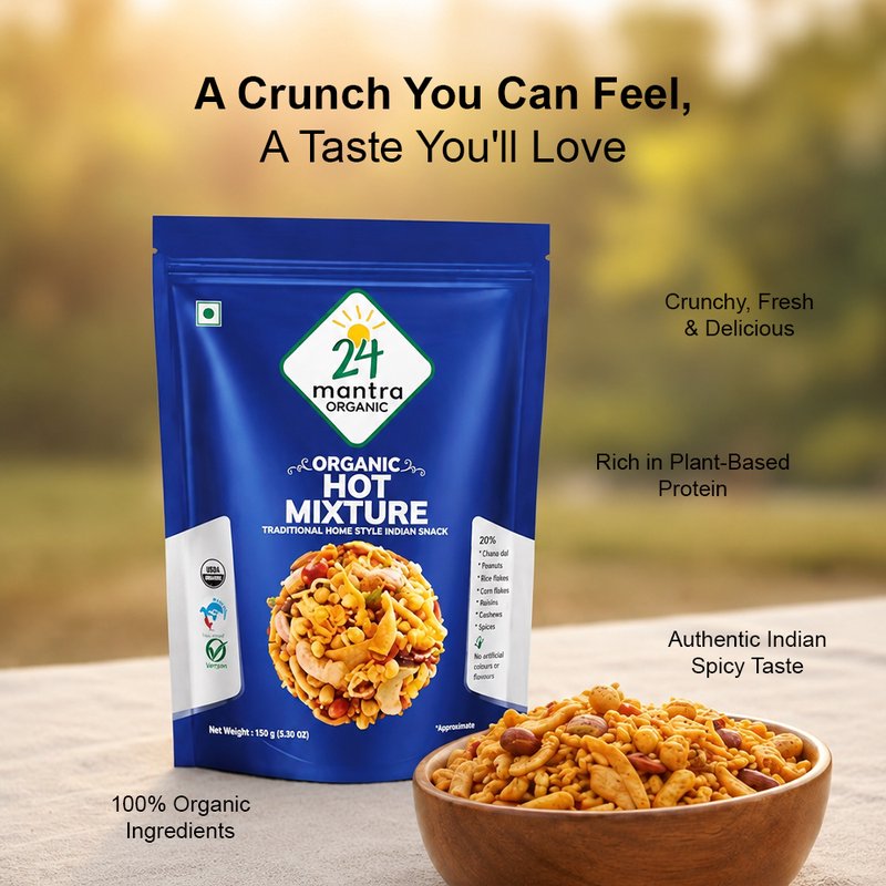 24 Mantra Organic Hot Mixture | Spicy Indian Namkeen | Crunchy Snack Mix | Ready-to-Eat Tea Time Snack