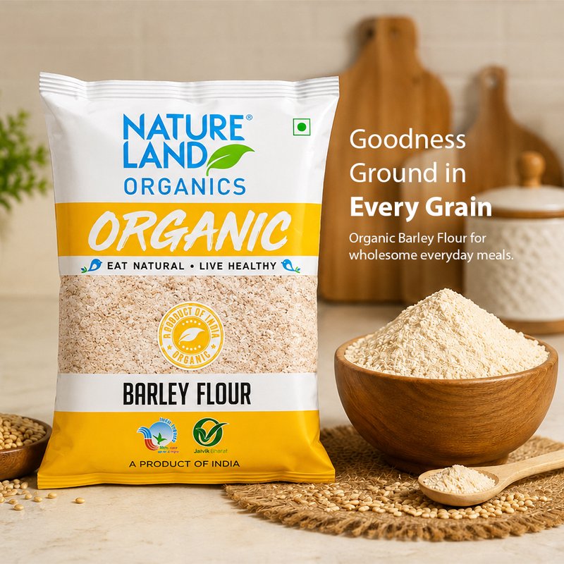 Natureland Organics Barley Flour 500g | 100% Organic Jau Atta | Fibre-Rich Whole Grain Flour for Rotis, Baking & Healthy Everyday Meals