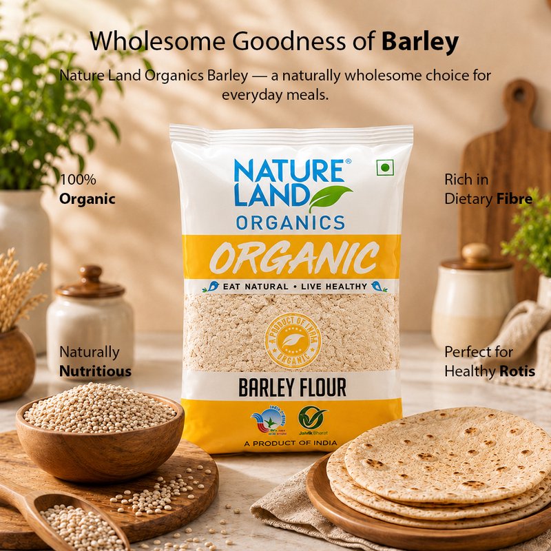 Natureland Organics Barley Flour 500g | 100% Organic Jau Atta | Fibre-Rich Whole Grain Flour for Rotis, Baking & Healthy Everyday Meals