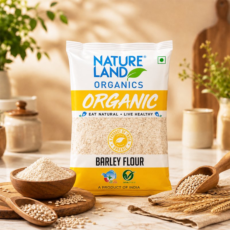 Natureland Organics Barley Flour 500g | 100% Organic Jau Atta | Fibre-Rich Whole Grain Flour for Rotis, Baking & Healthy Everyday Meals