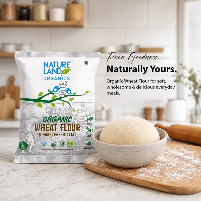 Natureland Organics Whole Wheat Flour (Atta)  | 100% Organic Chakki Fresh Atta | High-Fibre Wheat Flour for Soft Rotis & Everyday Cooking
