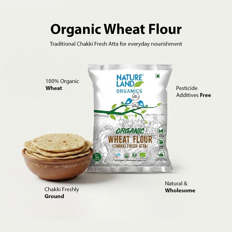 Natureland Organics Whole Wheat Flour (Atta)  | 100% Organic Chakki Fresh Atta | High-Fibre Wheat Flour for Soft Rotis & Everyday Cooking