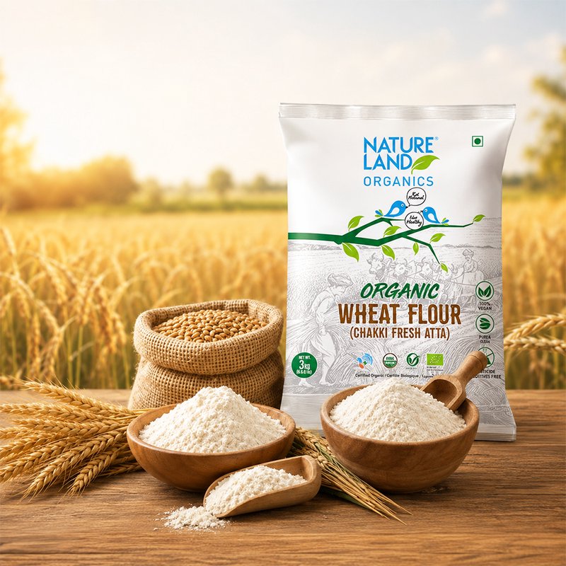 Natureland Organics Whole Wheat Flour (Atta)  | 100% Organic Chakki Fresh Atta | High-Fibre Wheat Flour for Soft Rotis & Everyday Cooking