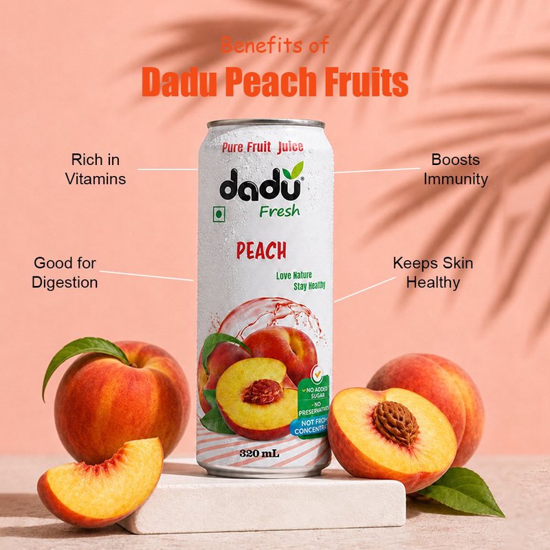 Dadu Fresh Peach Juice | 4 Cans Combo | 100% Natural Peach Fruit Juice | Refreshing Antioxidant Rich Healthy Beverage | No Added Sugar, No Preservatives & Not From Concentrate | Vitamin C Rich Drink for Skin Health, Immunity, Hydration & Daily Wellness | Delicious Fruit Juice for Kids & Adults thumbnail 3