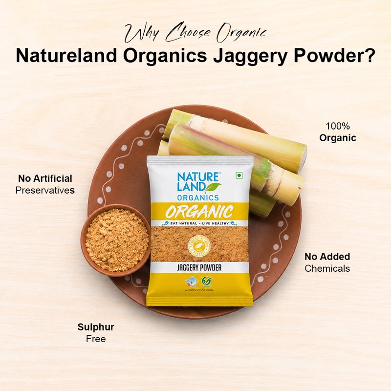Natureland Organics Jaggery Powder 500g | 100% Organic Gur Powder | Natural Sweetener Rich in Minerals for Tea, Sweets, Desserts & Everyday Cooking