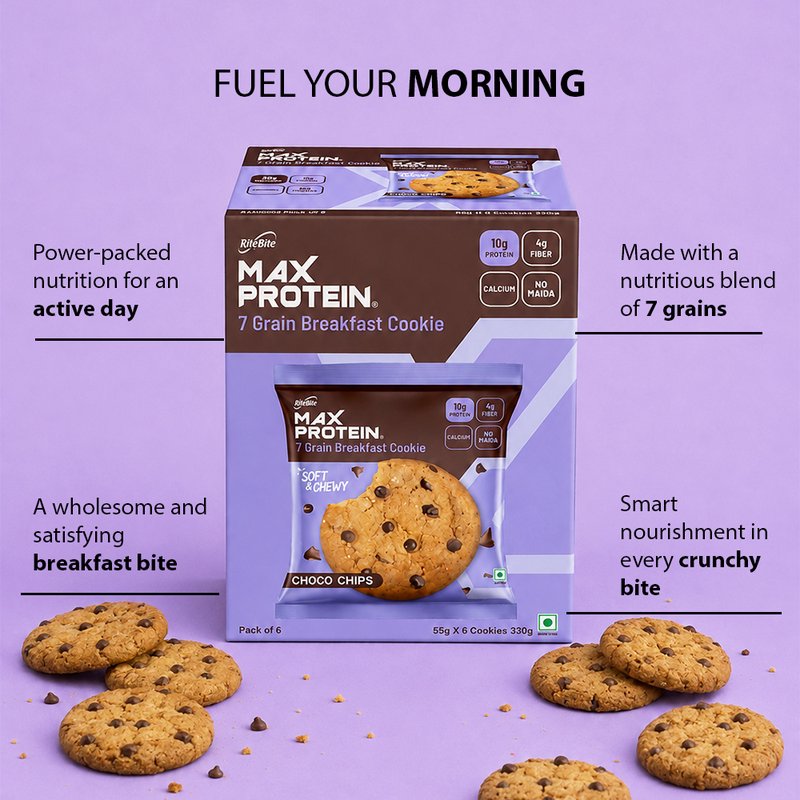 RiteBite Daily 7 Grain Breakfast Cookies Choco Chips Made with 7 Grains | High Fibre & Calcium | No Maida | No Preservatives | Crunchy Breakfast & Anytime Snack