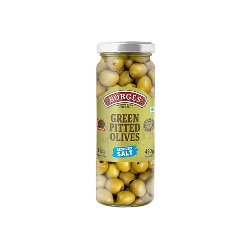 Borges Pitted Green Olives | Premium Seedless Green Olives | Ready-to-Eat | Perfect for Salads, Pizza, Pasta, Sandwiches & Mediterranean Recipes | 450g