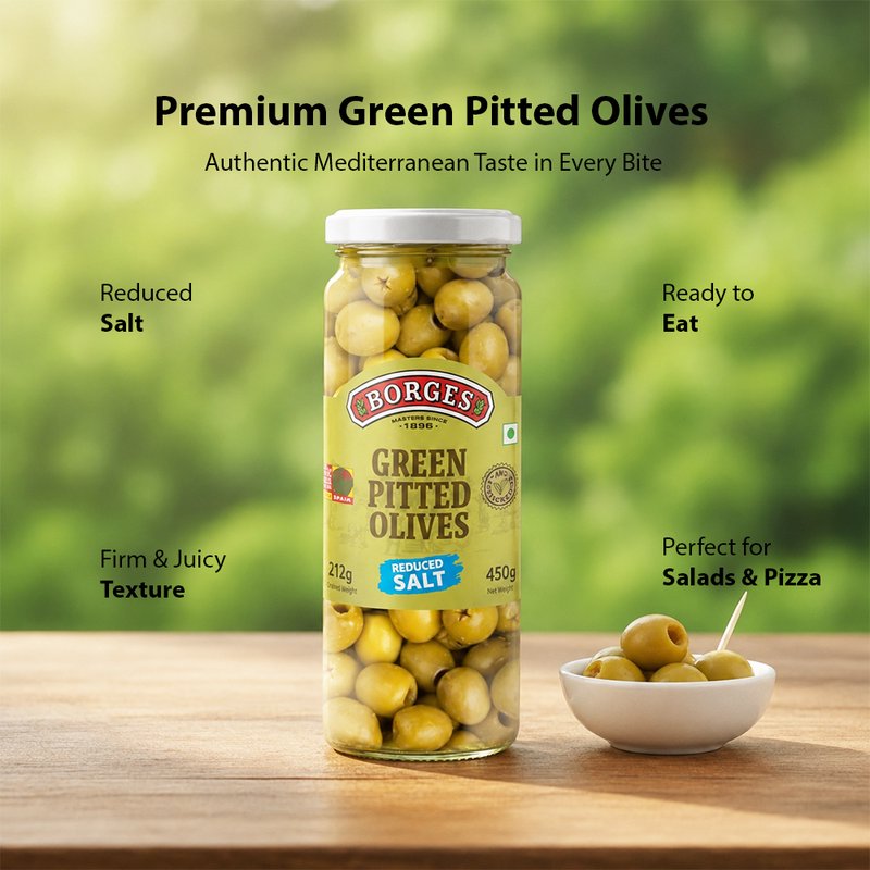 Borges Pitted Green Olives | Premium Seedless Green Olives | Ready-to-Eat | Perfect for Salads, Pizza, Pasta, Sandwiches & Mediterranean Recipes | 450g
