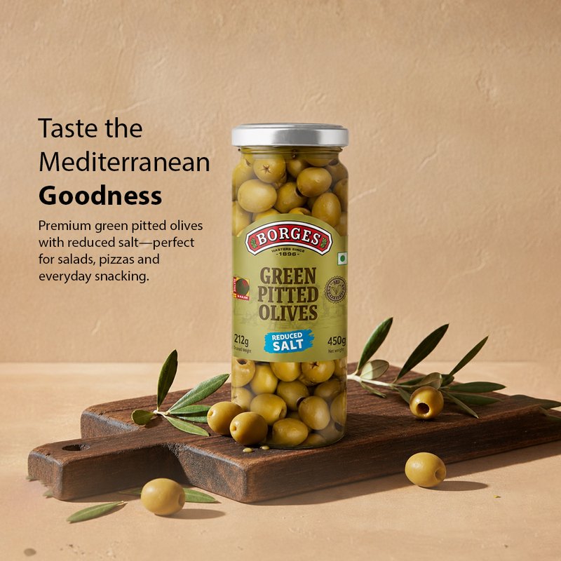 Borges Pitted Green Olives | Premium Seedless Green Olives | Ready-to-Eat | Perfect for Salads, Pizza, Pasta, Sandwiches & Mediterranean Recipes | 450g