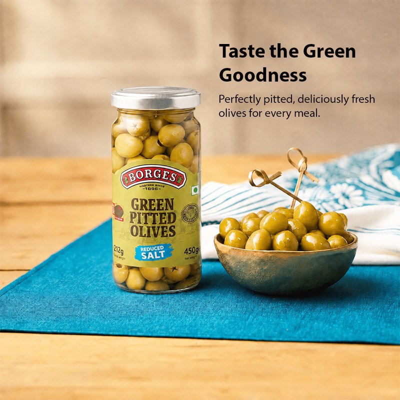 Borges Pitted Green Olives | Premium Seedless Green Olives | Ready-to-Eat | Perfect for Salads, Pizza, Pasta, Sandwiches & Mediterranean Recipes | 450g