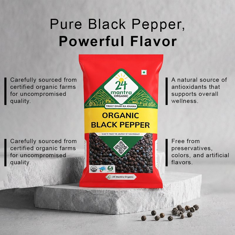 24 Mantra Organic Black Pepper | Whole Kali Mirch | Black Peppercorns | 100% Organic | Premium Indian Spice