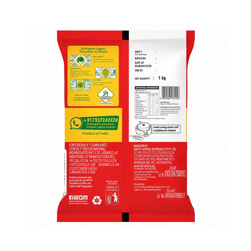 24 Mantra Organic Whole Wheat Atta | 100% Certified Organic Wheat Flour | Stone-Ground Chakki Atta | No Chemicals or Preservatives | Rich in Fiber