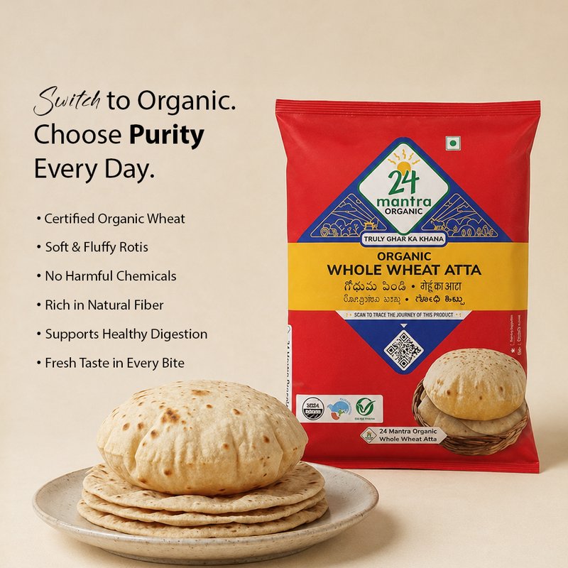 24 Mantra Organic Whole Wheat Atta | 100% Certified Organic Wheat Flour | Stone-Ground Chakki Atta | No Chemicals or Preservatives | Rich in Fiber