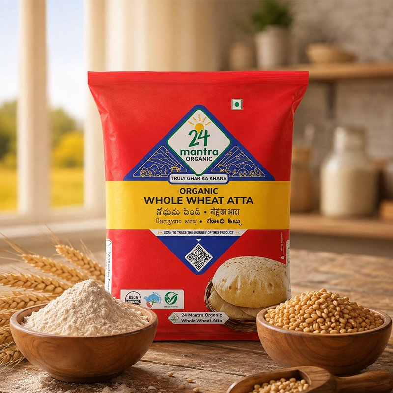 24 Mantra Organic Whole Wheat Atta | 100% Certified Organic Wheat Flour | Stone-Ground Chakki Atta | No Chemicals or Preservatives | Rich in Fiber