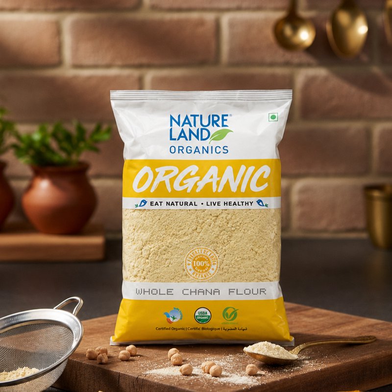 Natureland Organics Whole Chana Flour (Besan) 500g | 100% Organic Gram Flour | High-Protein & Fibre-Rich Besan for Pakoras, Chilla, Sweets & Everyday Cooking