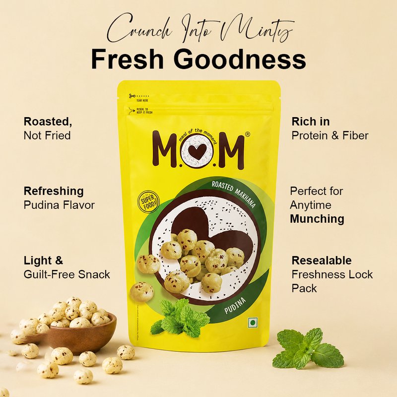 MOM Pudina Makhana 62g | Roasted Fox Nuts | Mint Tasting Makhana | Ready-to-Eat Healthy Snack