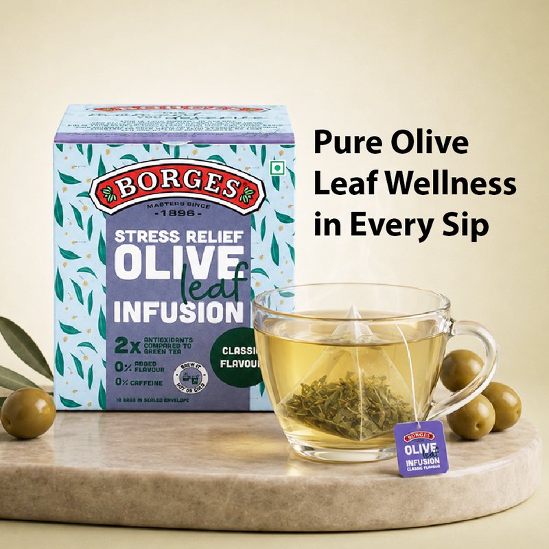 Borges Olive Leaf Infusion Classic | Herbal Tea Bags with Olive Leaves | Caffeine-Free Herbal Infusion | Refreshing Daily Herbal Drink | 10 Tea Bags