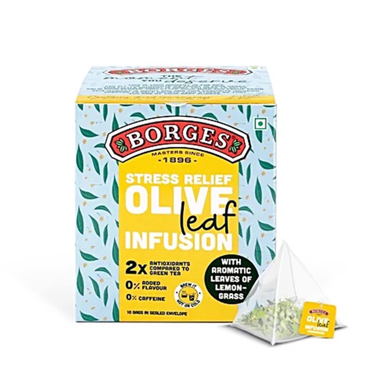 Borges Olive Leaf Infusion Lemongrass | Herbal Tea Bags with Olive Leaf & Lemongrass | Caffeine-Free Herbal Infusion | Refreshing Daily Herbal Drink | 10 Tea Bags