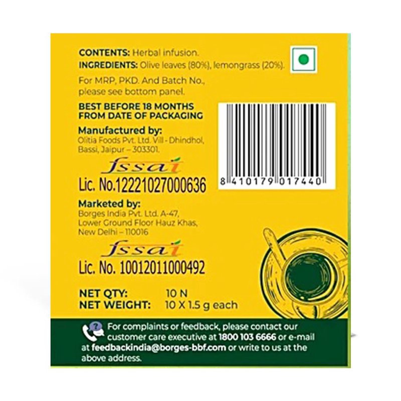 Borges Olive Leaf Infusion Lemongrass | Herbal Tea Bags with Olive Leaf & Lemongrass | Caffeine-Free Herbal Infusion | Refreshing Daily Herbal Drink | 10 Tea Bags thumbnail 2