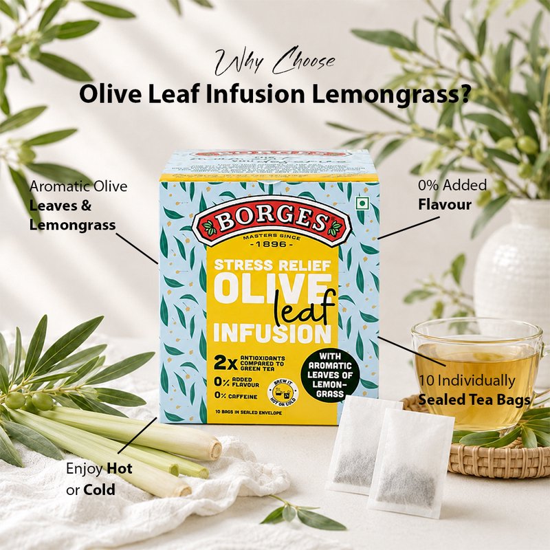 Borges Olive Leaf Infusion Lemongrass | Herbal Tea Bags with Olive Leaf & Lemongrass | Caffeine-Free Herbal Infusion | Refreshing Daily Herbal Drink | 10 Tea Bags