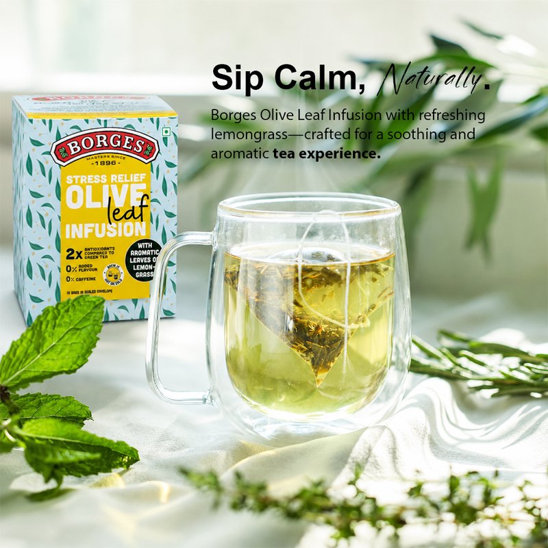 Borges Olive Leaf Infusion Lemongrass | Herbal Tea Bags with Olive Leaf & Lemongrass | Caffeine-Free Herbal Infusion | Refreshing Daily Herbal Drink | 10 Tea Bags