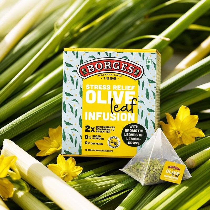 Borges Olive Leaf Infusion Lemongrass | Herbal Tea Bags with Olive Leaf & Lemongrass | Caffeine-Free Herbal Infusion | Refreshing Daily Herbal Drink | 10 Tea Bags