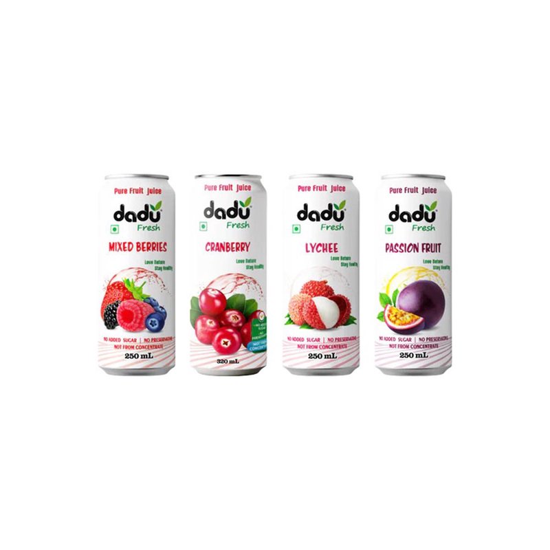 Dadu Fresh Passion Fruit, Cranberry, Mixed Berries & Lychee Juice Combo | 4 Cans Combo | 100% Natural Superfruit Juice | Antioxidant Rich Healthy Beverage | No Added Sugar, No Preservatives & Not From Concentrate | Refreshing Fruit Drink for Immunity, Hydration, Skin Health & Daily Wellness | Exotic Juice for Kids & Adults