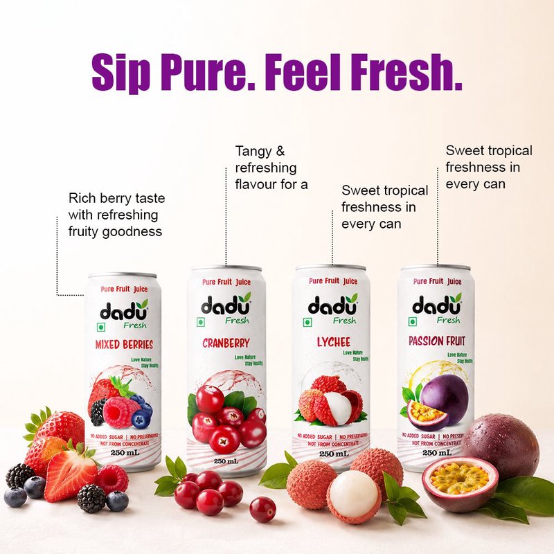 Dadu Fresh Passion Fruit, Cranberry, Mixed Berries & Lychee Juice Combo | 4 Cans Combo | 100% Natural Superfruit Juice | Antioxidant Rich Healthy Beverage | No Added Sugar, No Preservatives & Not From Concentrate | Refreshing Fruit Drink for Immunity, Hydration, Skin Health & Daily Wellness | Exotic Juice for Kids & Adults thumbnail 3