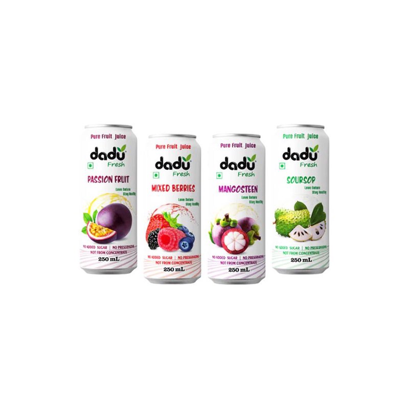 Dadu Fresh Passion Fruit, Mixed Berries, Mangosteen & Soursop Juice Combo | 4 Cans Combo | Exotic Superfruit Juice Blend | 100% Natural Fruit Beverage | Antioxidant Rich Healthy Drink | No Added Sugar, No Preservatives & Not From Concentrate | Refreshing Juice for Immunity, Hydration & Daily Wellness