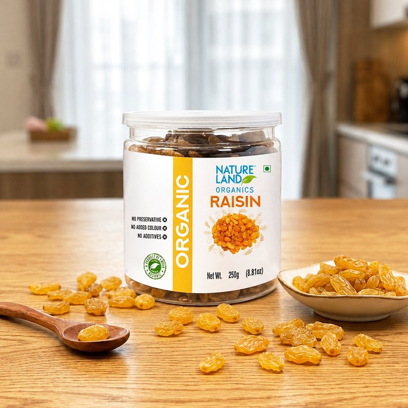 Natureland Organics Raisins 250g | 100% Organic Kishmish | Naturally Sweet Dried Grapes Rich in Fibre & Iron for Snacking, Desserts & Baking