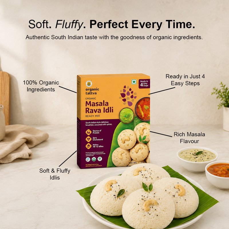 Organic Tattva Masala Rava Idli Ready Mix | Instant Masala Suji Idli Mix | Soft & Flavorful South Indian Breakfast Premix