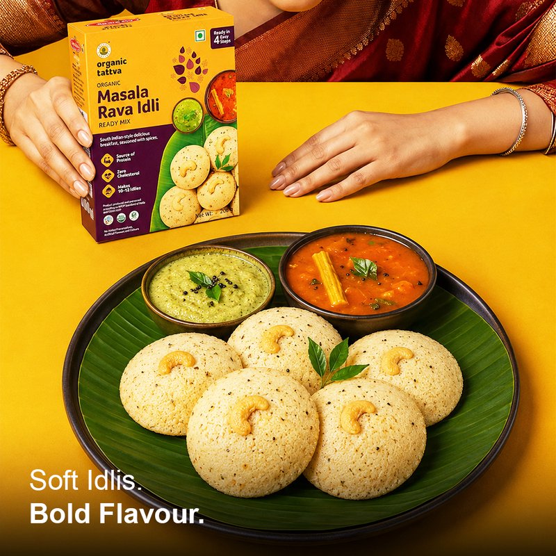 Organic Tattva Masala Rava Idli Ready Mix | Instant Masala Suji Idli Mix | Soft & Flavorful South Indian Breakfast Premix