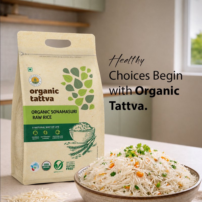 Organic Tattva Sonamasuri Raw Rice | Premium Organic White Sonamasuri Rice | Lightweight Rice | Everyday Cooking Rice