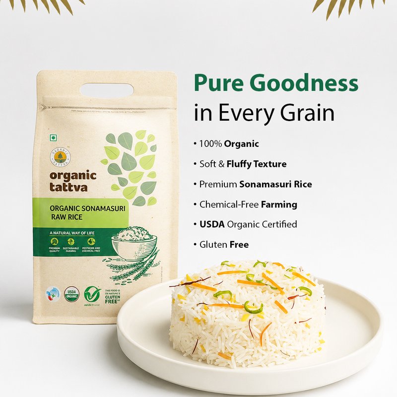 Organic Tattva Sonamasuri Raw Rice | Premium Organic White Sonamasuri Rice | Lightweight Rice | Everyday Cooking Rice